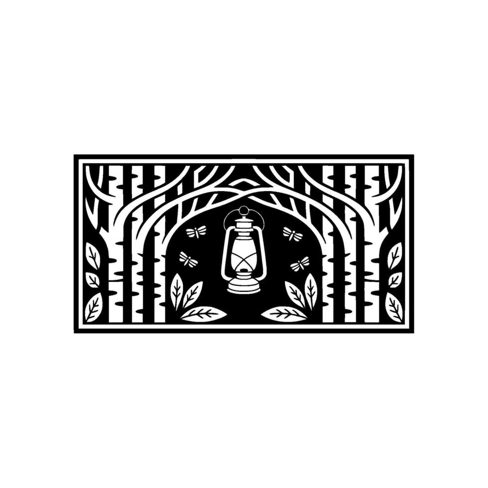 Lanterns Embrace Forest Silhouette, Vintage Illustration vector