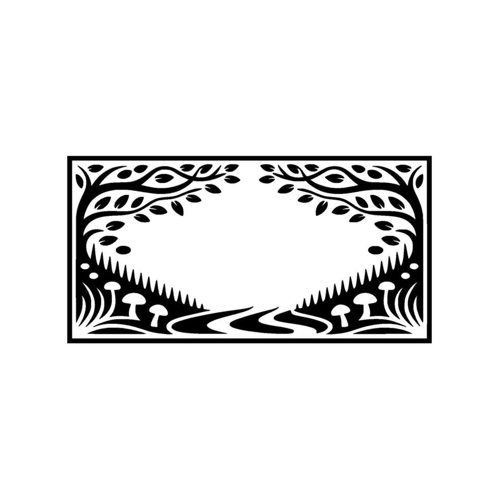 Intricate Forest Frame, Stylized Woodland Illustration, Blackandwhite vector