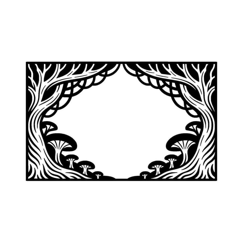 Ethereal Forest Frame, Stylized Black White Illustration, Mushrooms vector