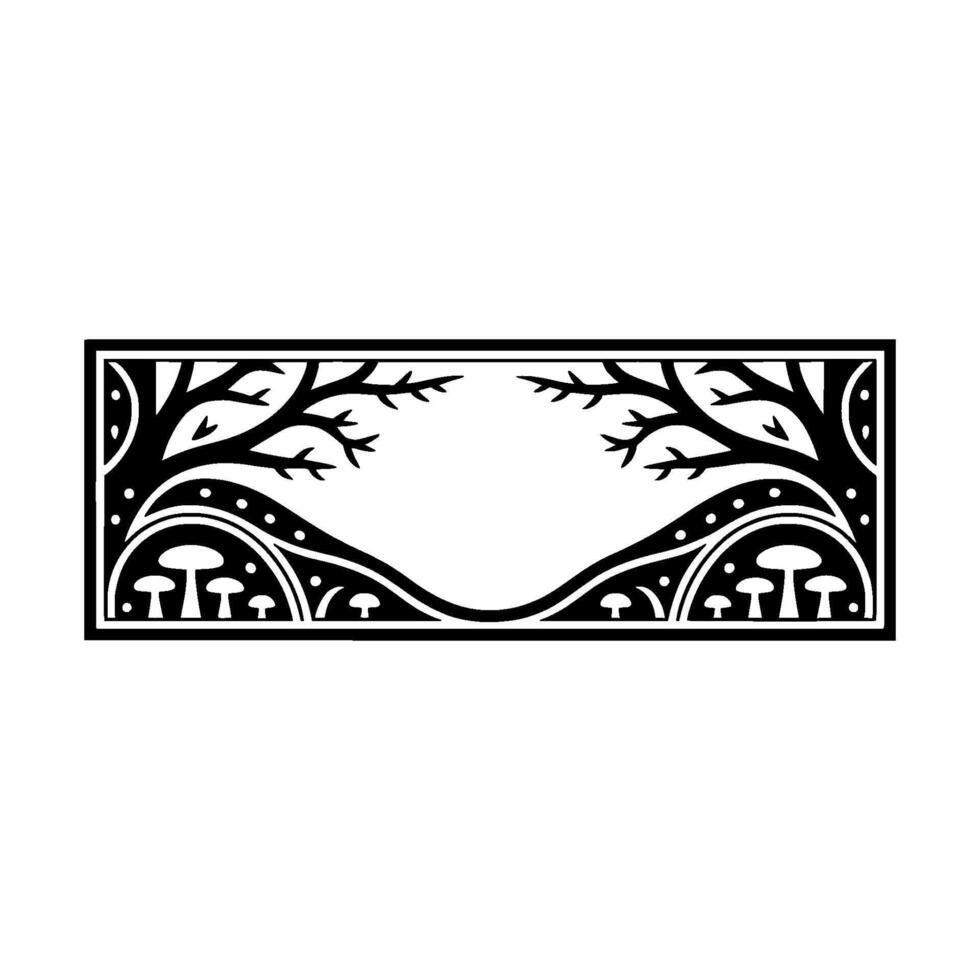 Enchanted Forest Border, Stylized Black White Illustration, Botanical vector