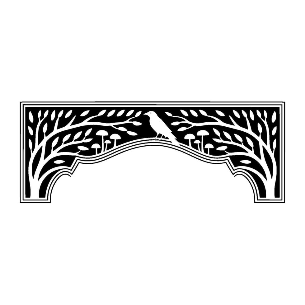 Gothic Forest Arch Raven and Mushrooms in Black White vector