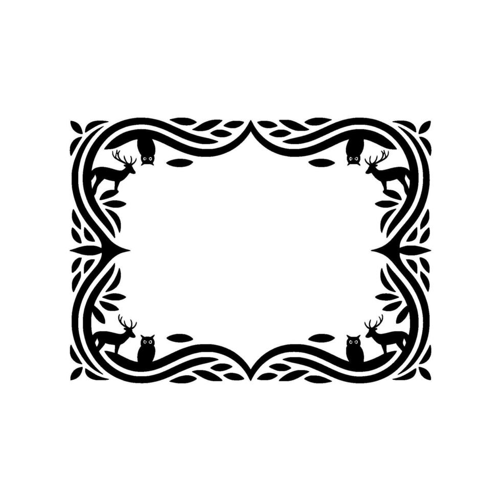 Intricate Forest Frame Deer Owls in Stylized Black Outline vector