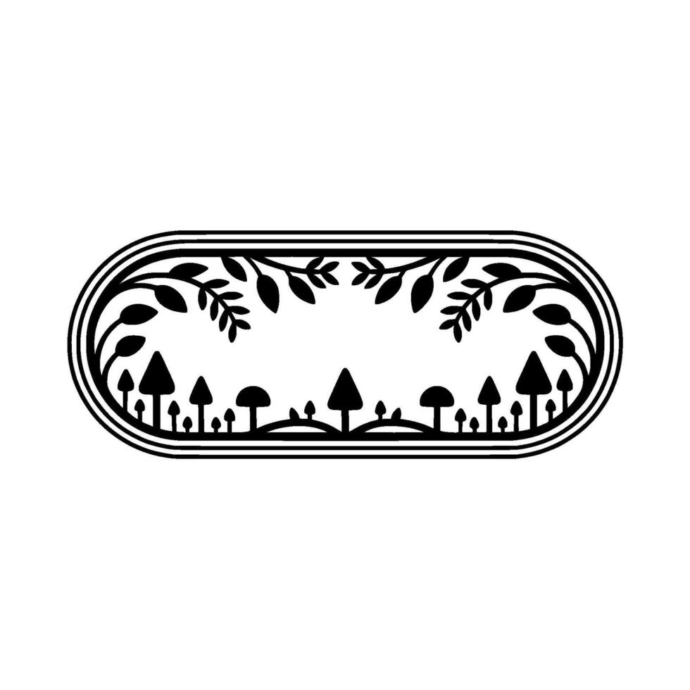 Botanical Oval Frame, Forest Silhouette, Vintage Illustration vector