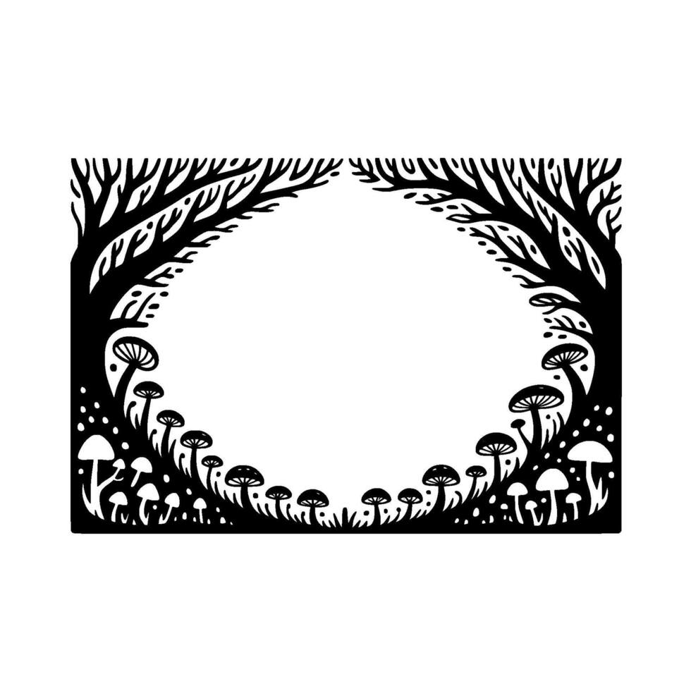 Enchanted Forest Portal, Black White Illustration, Mushrooms vector