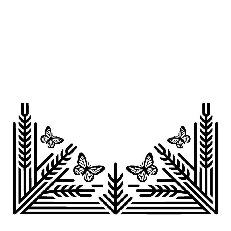 Geometric Meadow Black Line Art Butterflies Wheat Border vector