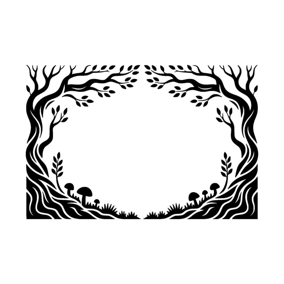 Ethereal Forest Frame, Stylized Black White Illustration, Branches vector