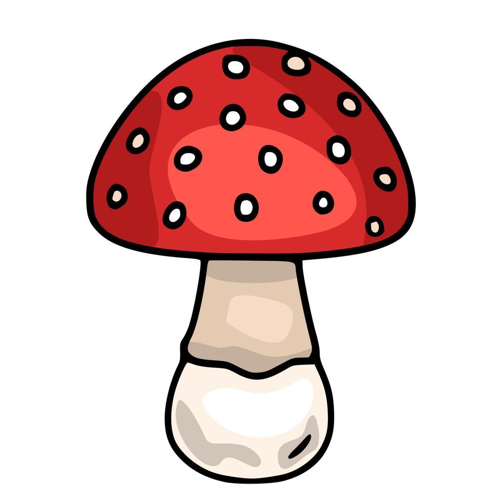 illustration of a cartoon fly agaric amanita mushroom with a red cap and white spots, featuring a unique hand-drawn style and distinct color palette. vector