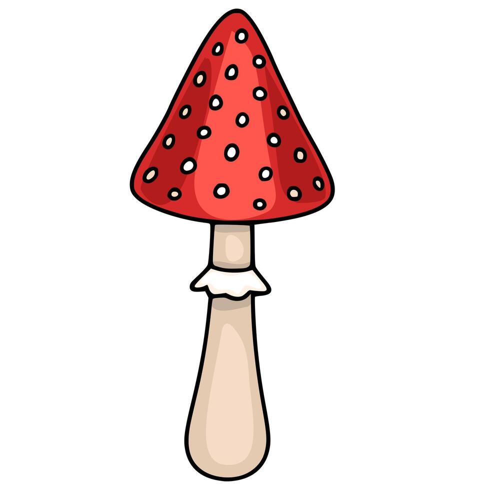 Adorable illustration of a cartoon fly agaric amanita mushroom with a conical red cap dotted with white spots and a beige stem, perfect for childrens books, fairytale designs, or autumn-themed proj... vector