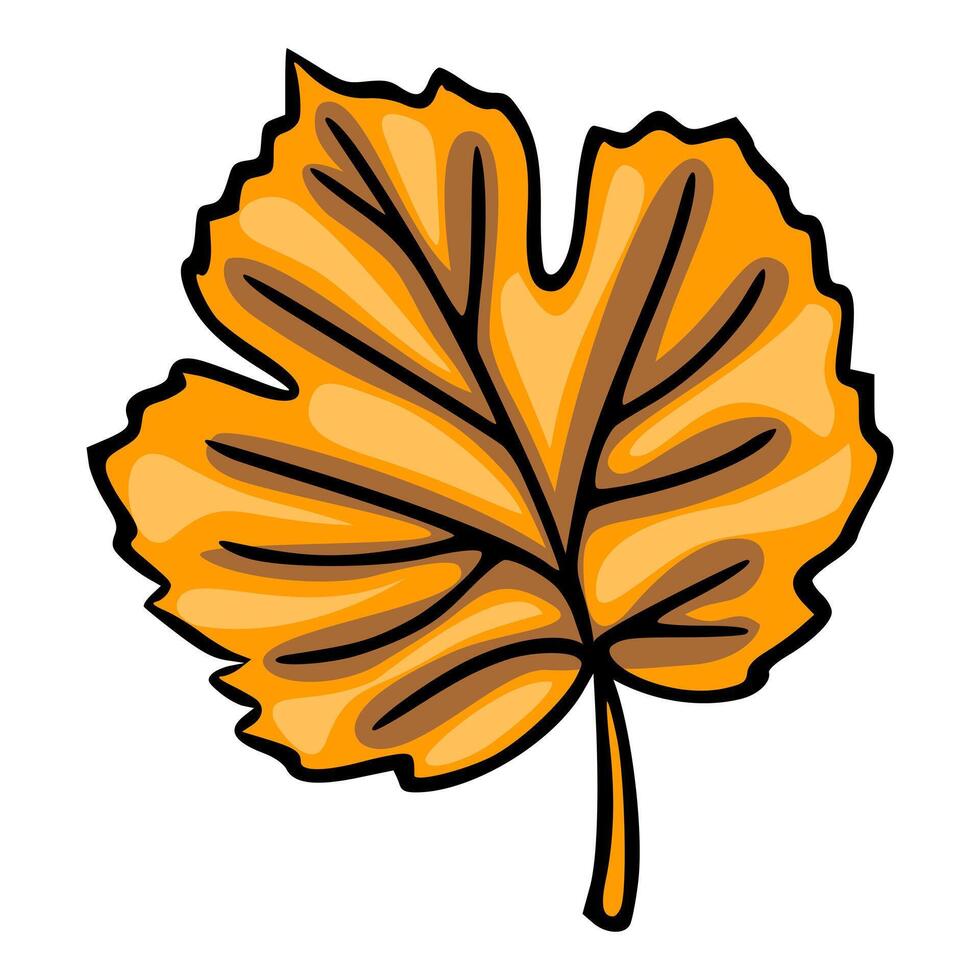 A illustration of a single autumn leaf with a stylized, hand-drawn look, featuring warm orange and brown hues and a bold black outline. vector