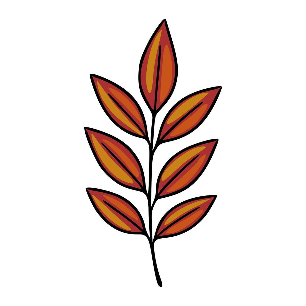 Autumnal Illustration of a stylized branch with seven orange and red leaves, perfect for fall-themed designs. vector