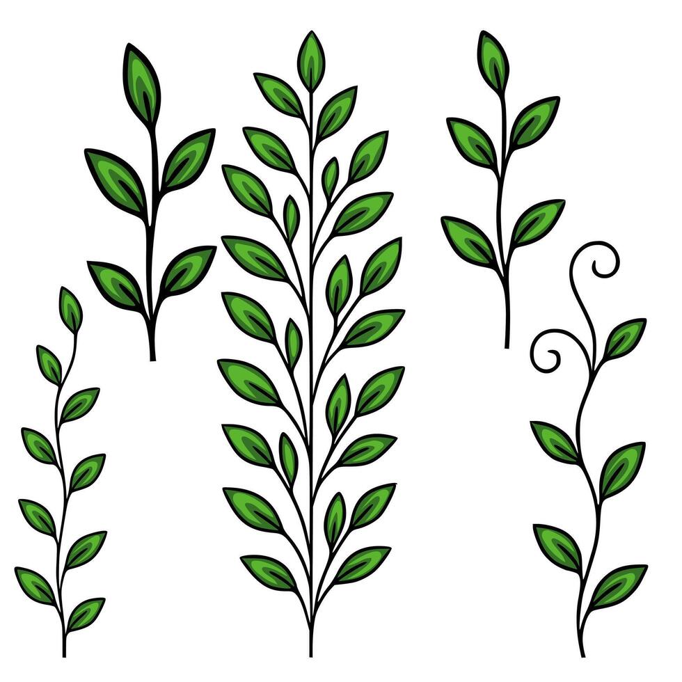 Collection of stylized green leaves and branches, perfect for creating unique design elements or nature-themed patterns. vector