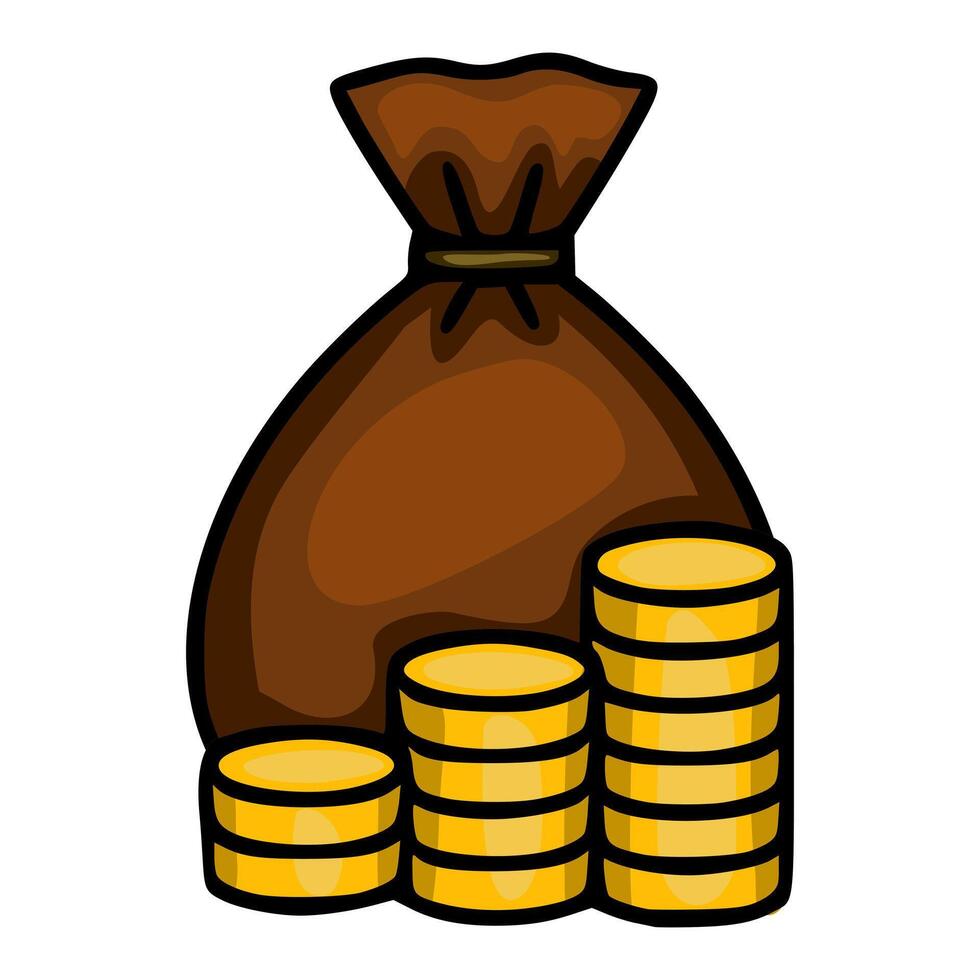 A whimsical illustration of a brown money bag and stacks of gold coins, showcasing a cartoonish style with bold outlines and vibrant colors, perfect for financial or wealth-related designs. vector