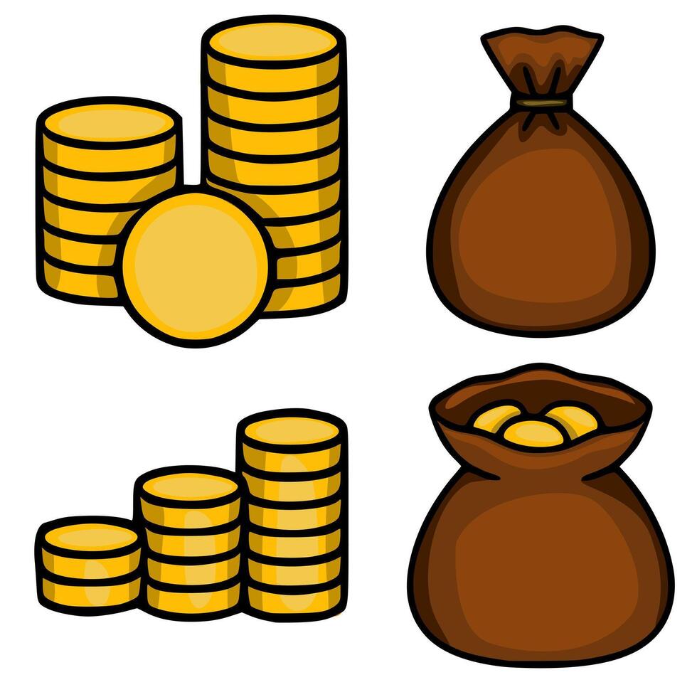 illustration of golden coins stacks and money bags, a playful cartoon style set for financial concepts and game design. vector