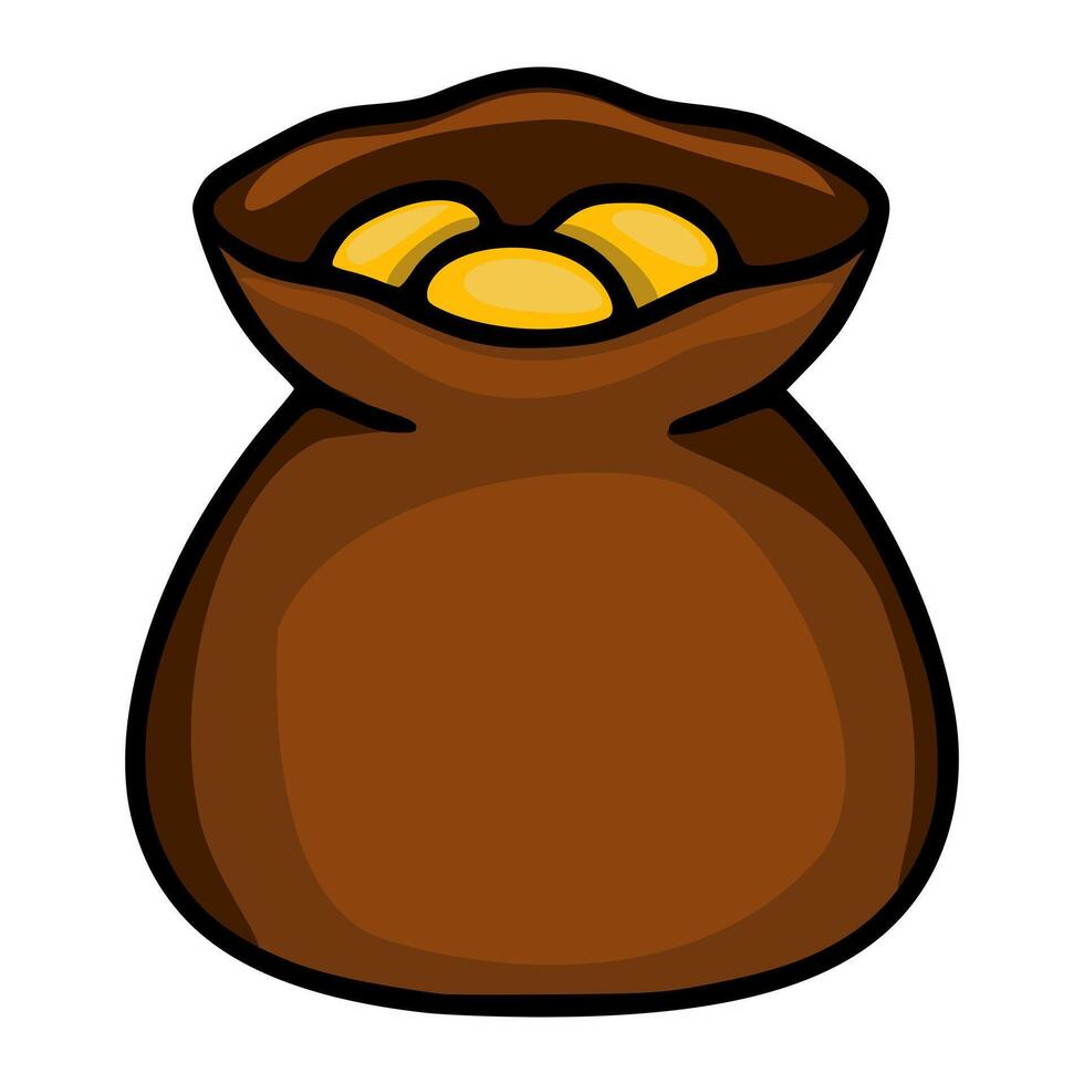 A whimsical illustration of a brown sack brimming with golden coins, rendered in a cartoon style with bold outlines and shaded coloring. vector