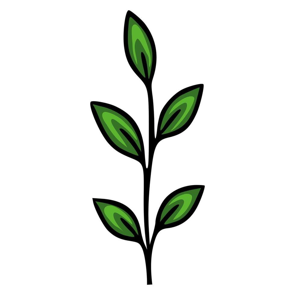 A illustration of a stylized sprig with five green leaves, featuring a bold black outline and layered shades of green for a vibrant, nature-inspired design. vector