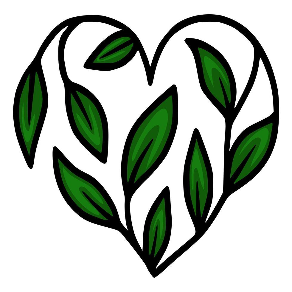 Elegant illustration of a heart-shaped frame adorned with stylized green leaves, showcasing a unique blend of nature and geometric design elements. vector