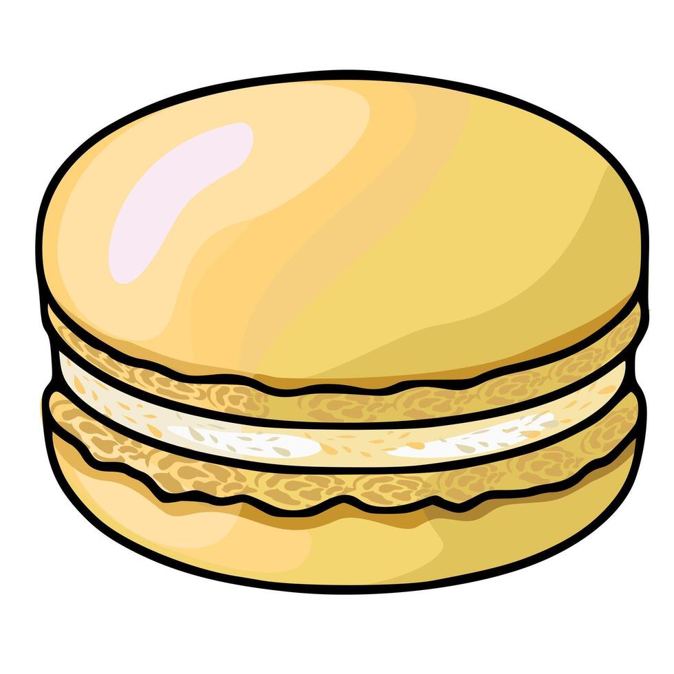 Delicious Illustration of a Single Macaron with a Creamy Filling, Featuring a Unique Textured Design and Pastel Yellow Hue. vector