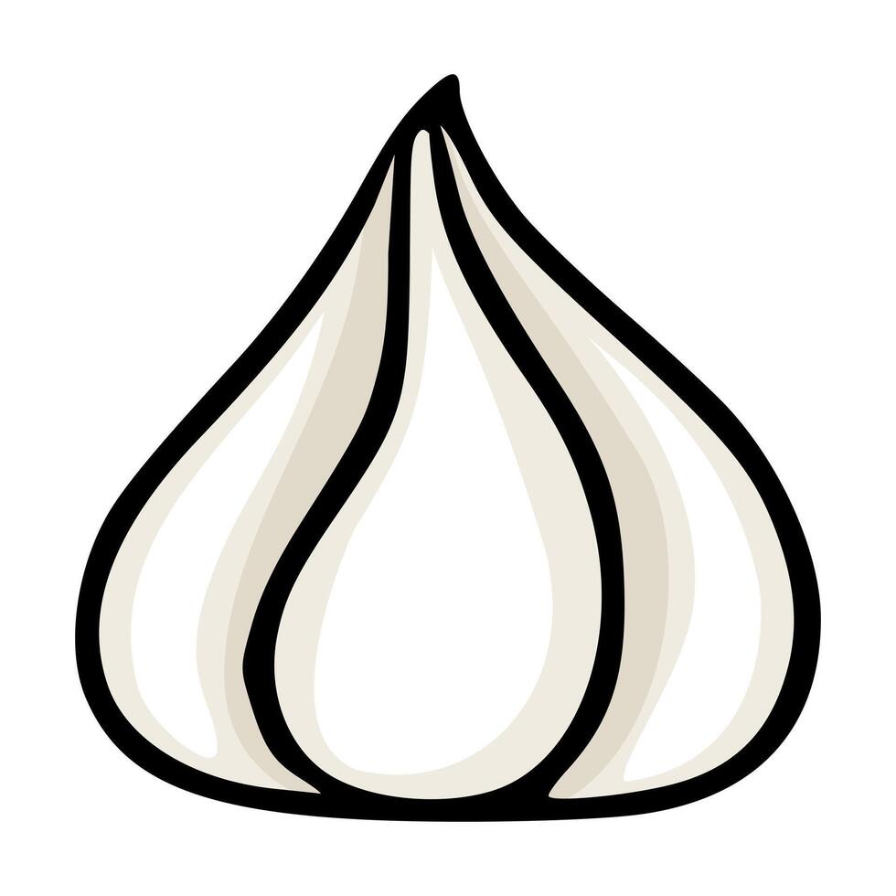 Stylish illustration of a single clove of garlic, depicted in a minimalist, hand-drawn style with bold black outlines and soft beige tones, creating a unique and modern design element. vector