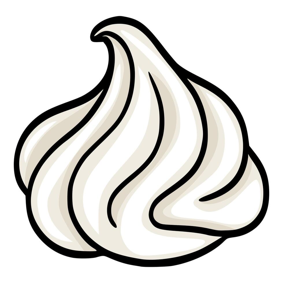 Whimsical illustration of a single, stylized meringue swirl, featuring a creamy off-white color palette and bold black outlines, ideal for dessert menus or bakery branding. vector