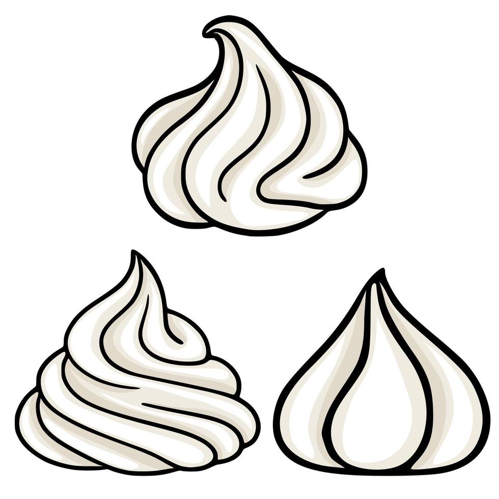 A set of three illustrations depicting creamy swirls, showcasing varying styles of whipped cream or meringue, ideal for dessert menus, bakery branding, or culinary designs. vector
