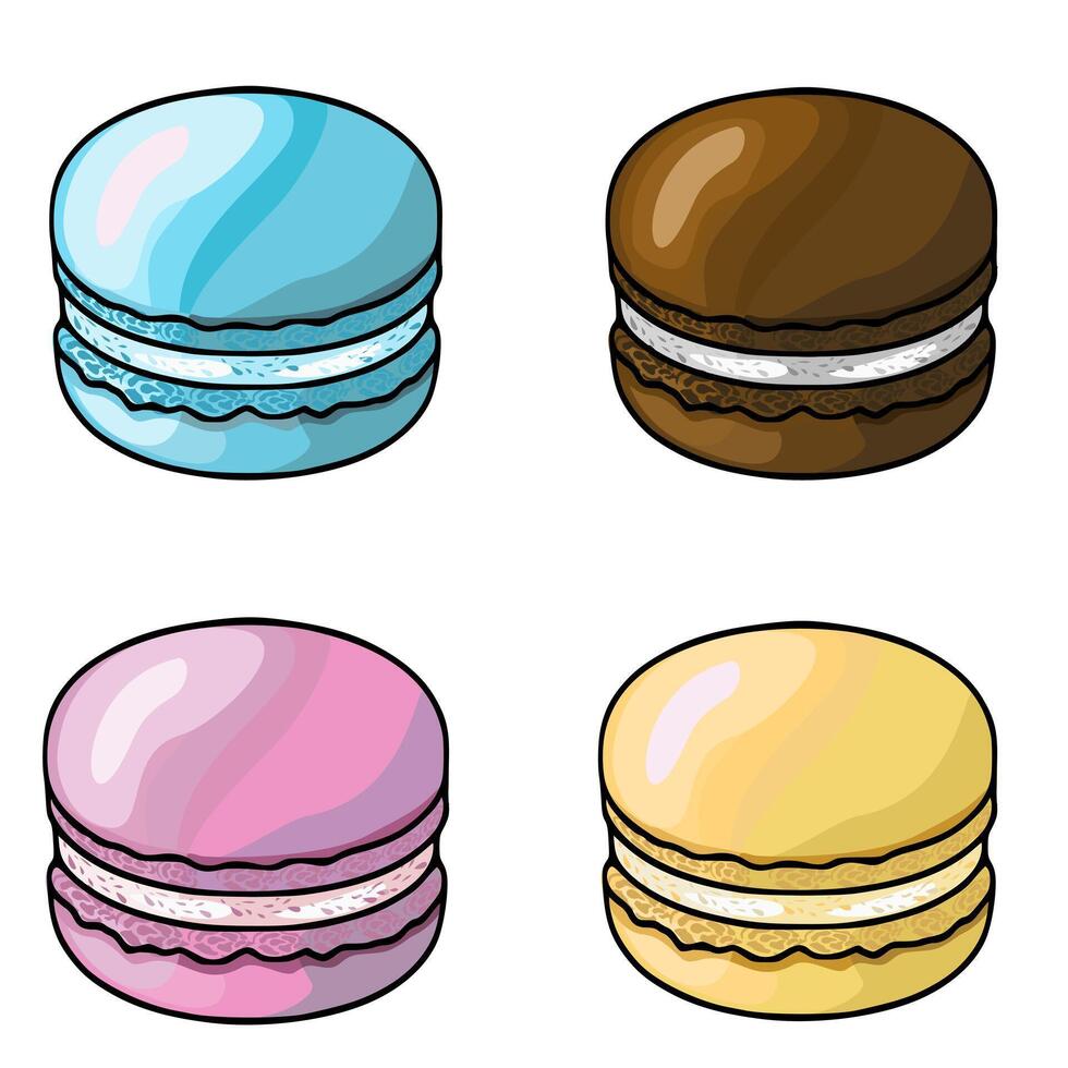 A illustration featuring four delectable macarons in pastel shades of blue, brown, pink, and yellow, each with a unique creamy filling and intricate detailing, perfect for design projects ne... vector