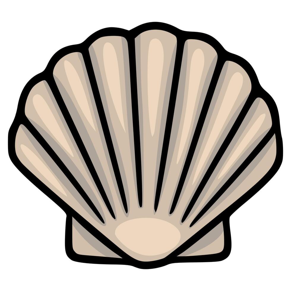A Detailed Illustration of a Single Beige Seashell with Bold Black Outlines, Featuring a Realistic Shell Texture and Subtle Color Variations. vector