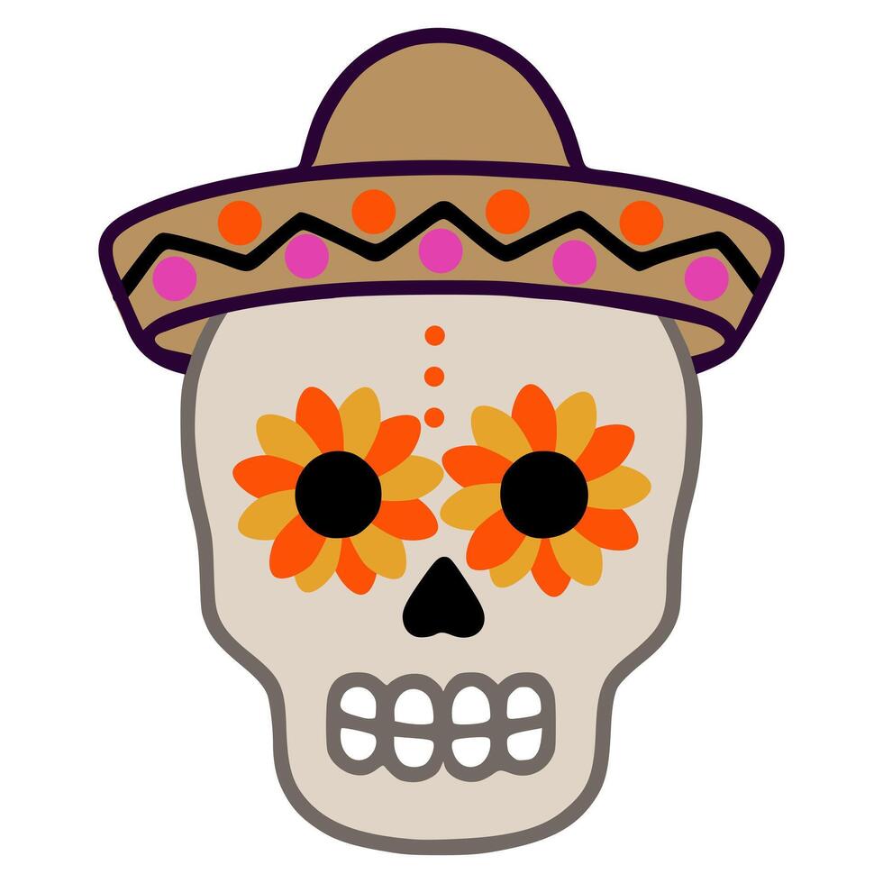 Festive illustration of a Day of the Dead skull wearing a sombrero, adorned with vibrant orange and yellow floral eye designs, perfect for celebratory design projects. vector