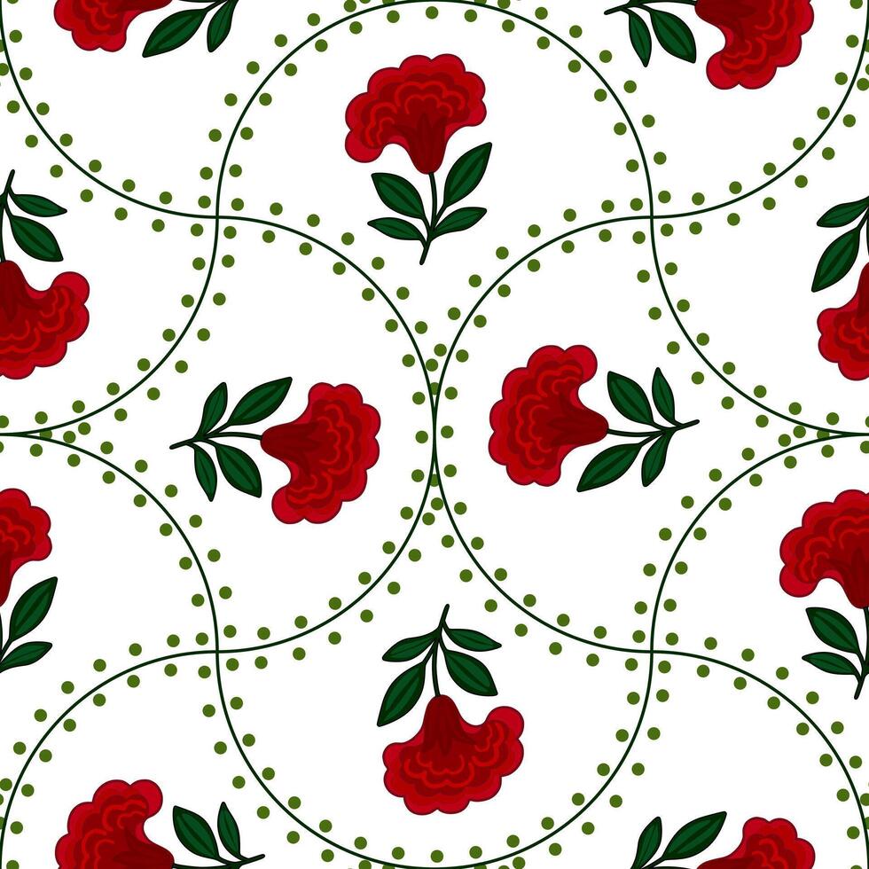 Seamless pattern with stylized red flowers cresta de gallo and olive green dots, arranged in a unique circular motif on a white background, creating a vibrant and elegant design. vector