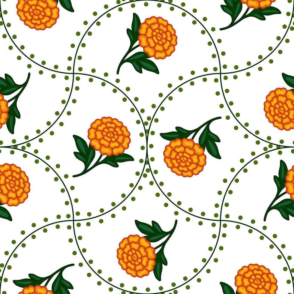 Seamless pattern with stylized marigold flowers and dotted green lines, creating a vibrant and cheerful design perfect for textile prints or festive backgrounds. vector