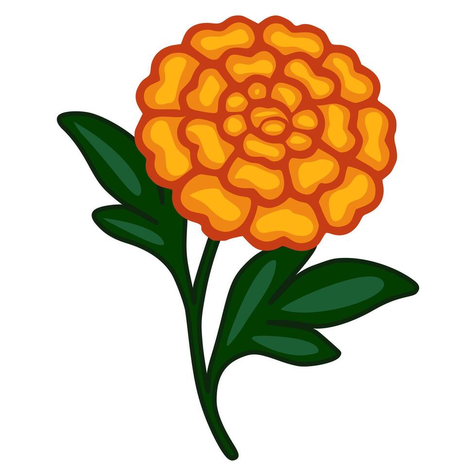 Vibrant illustration of a stylized marigold flower with rich orange petals and deep green leaves, perfect for Day of the Dead designs or Mexican-inspired projects. vector