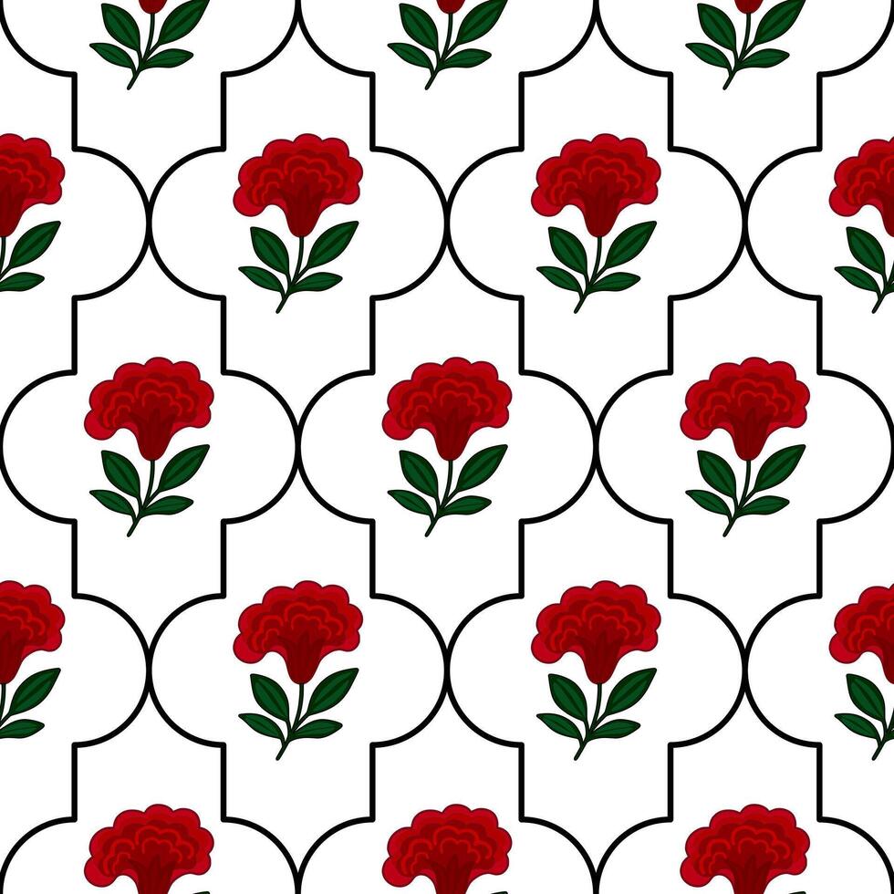 Elegant seamless pattern featuring stylized red flowers cresta de gallo and leaves within a quatrefoil frame, creating a sophisticated and modern design ideal for various applications. vector