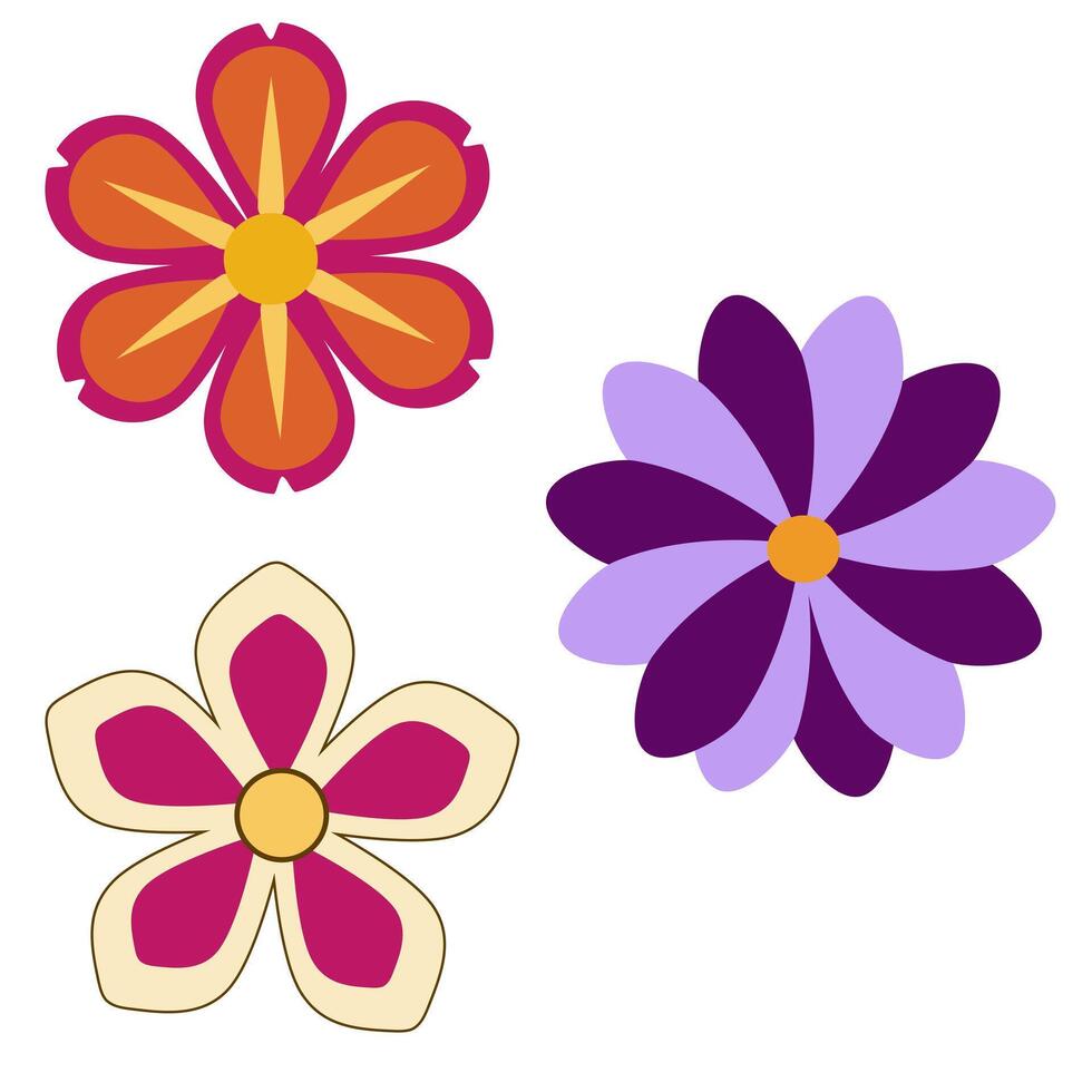 illustration of three stylized flowers in vibrant orange, purple, and pink hues, featuring bold shapes and contrasting color palettes, ideal for design projects needing a touch of playful so... vector