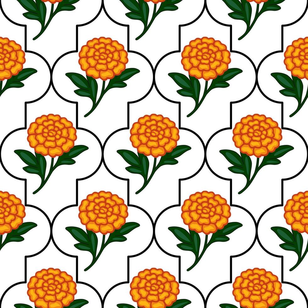 Seamless pattern of stylized marigold flowers with dark green leaves arranged within a repeating quatrefoil frame on a white background, creating a vibrant and festive design. vector