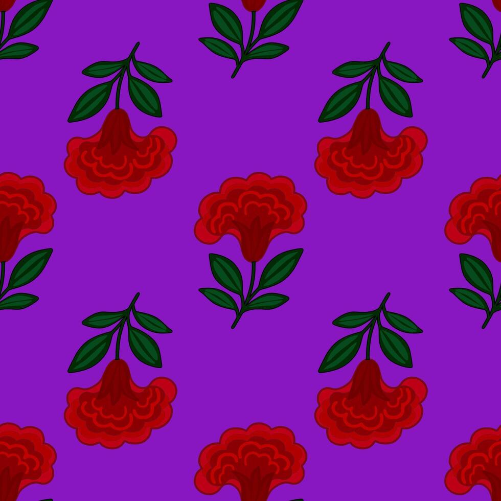 Seamless pattern of stylized red flowers cresta de gallo with green leaves on a vibrant purple background, creating a bold and modern floral design. vector