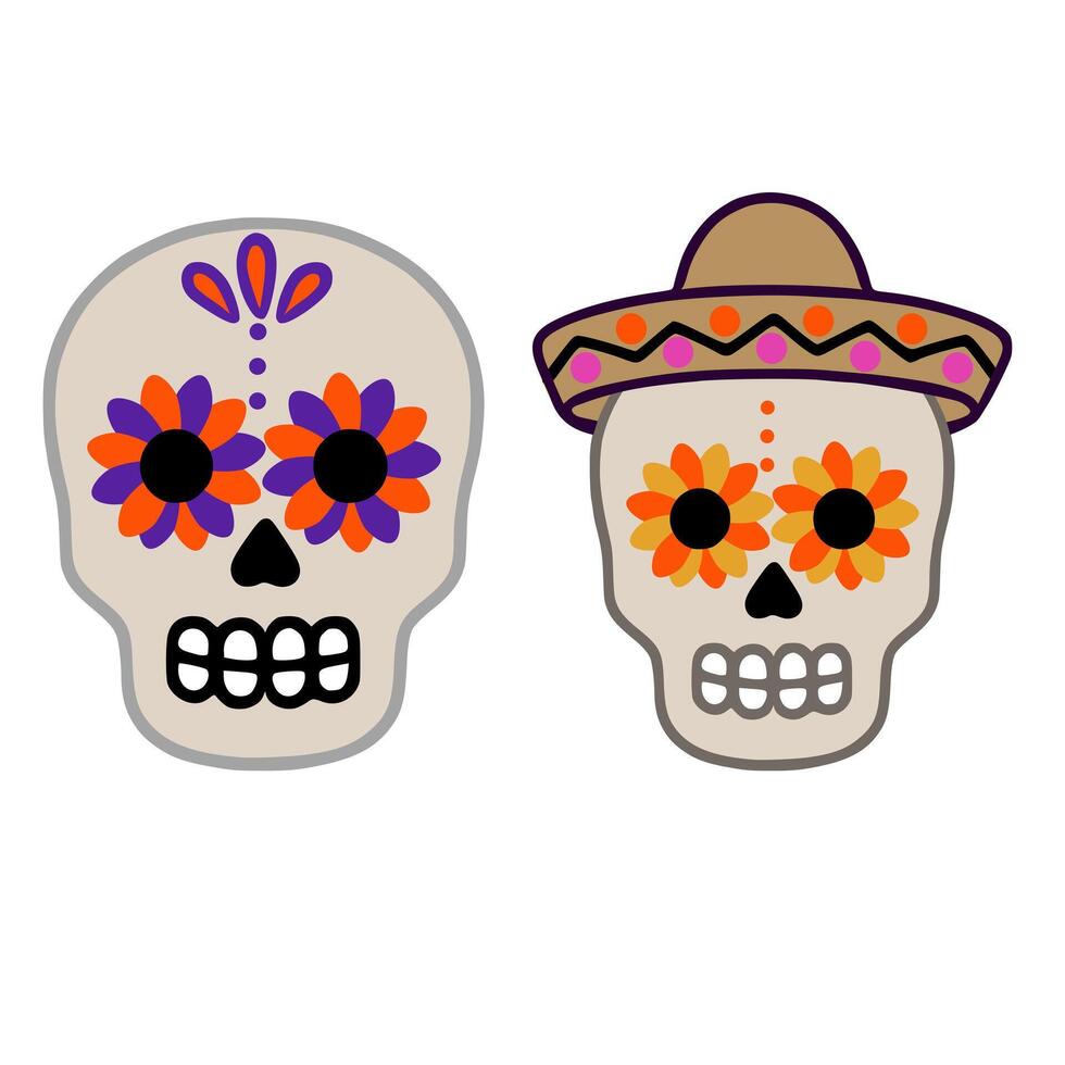 A illustration featuring two stylized sugar skulls, one adorned with a sombrero, showcasing vibrant orange, purple, and yellow floral designs against a neutral background, perfect for Day of... vector