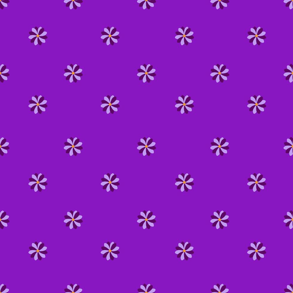 Seamless pattern of stylized purple flowers with yellow centers, arranged in a regular grid on a vibrant purple background, offering a minimalist yet charming design. vector