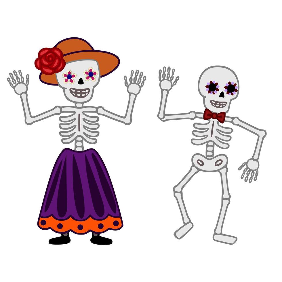 illustration of two playful Day of the Dead skeletons, a female in a purple dress and a male with a bow tie, both with floral eye decorations, ideal for festive designs. vector