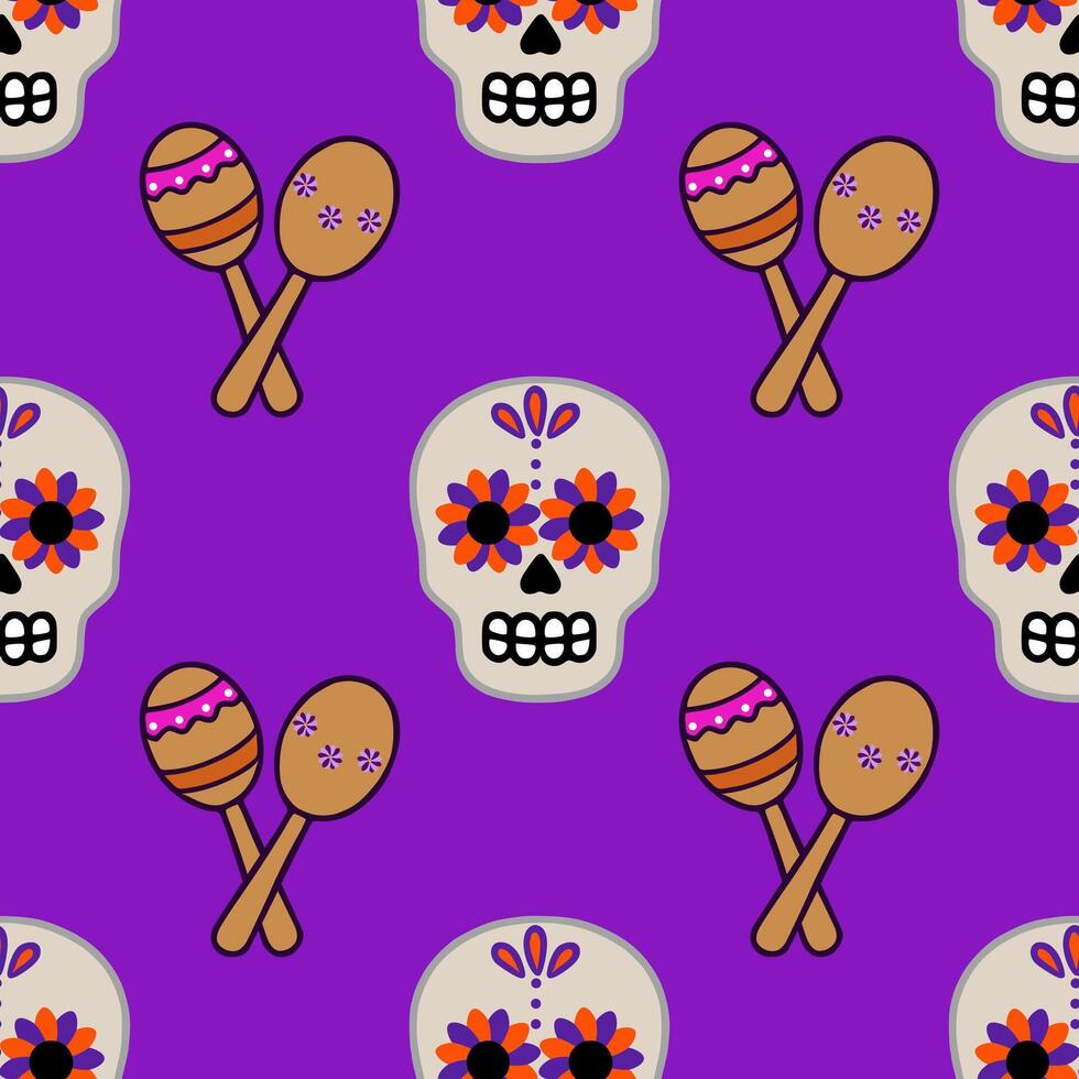 Vibrant seamless pattern featuring Day of the Dead sugar skulls adorned with orange and purple flowers, playfully interspersed with maracas on a rich purple background. vector