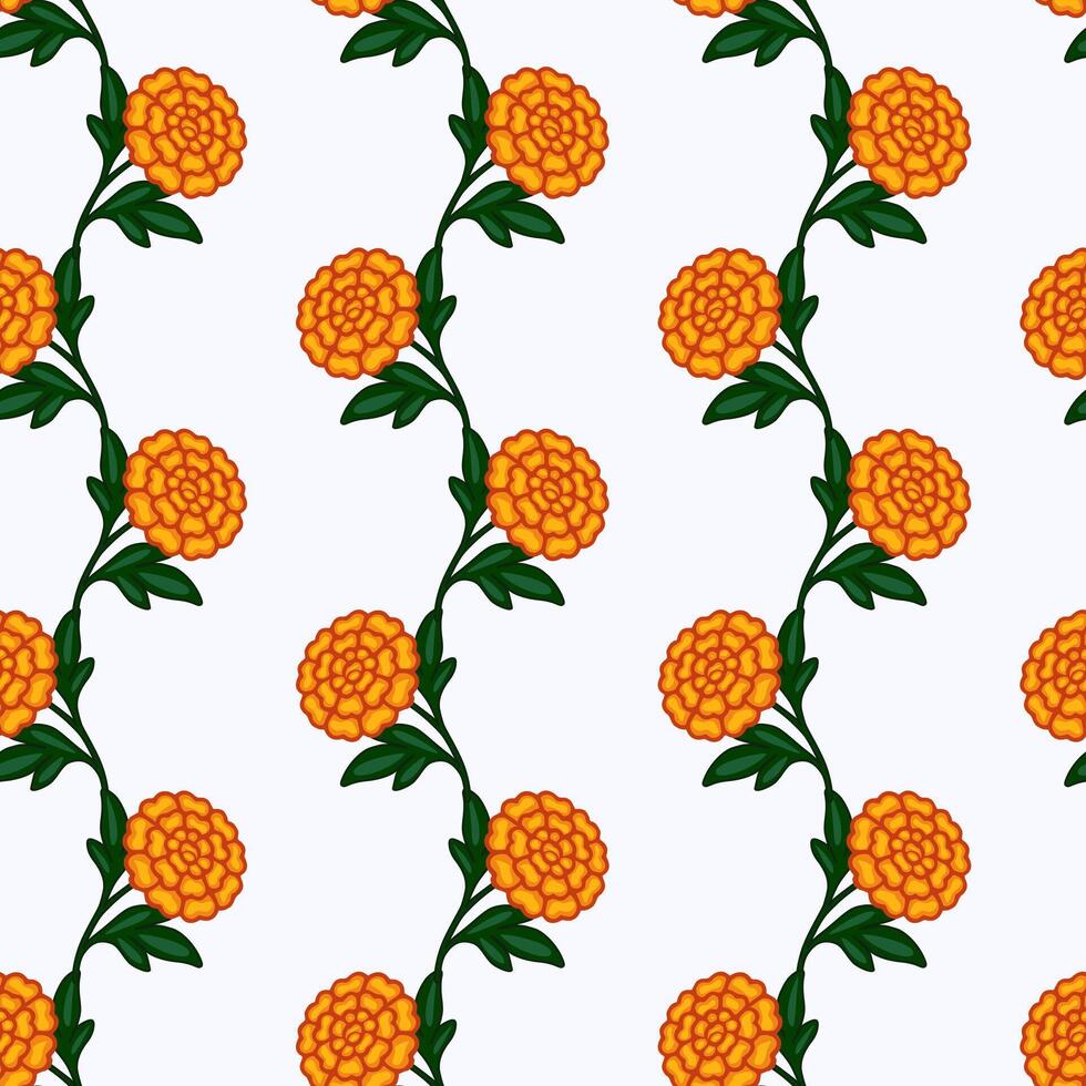 Seamless pattern of stylized orange marigolds on white background, creating a vibrant and elegant floral design perfect for textile prints, wallpapers, or decorative elements. vector