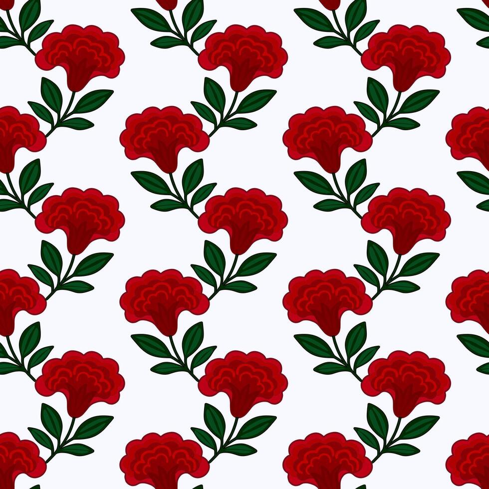 Seamless pattern with stylized red flowers cresta de gallo and green leaves on a white background, creating a vibrant and elegant floral design. vector