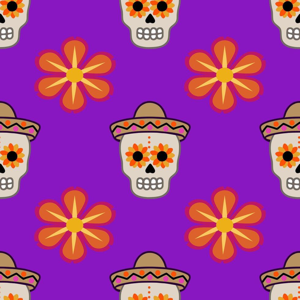 Festive Day of the Dead seamless pattern with sugar skulls wearing sombreros and vibrant orange flowers on a purple background, perfect for textile prints and holiday designs. vector