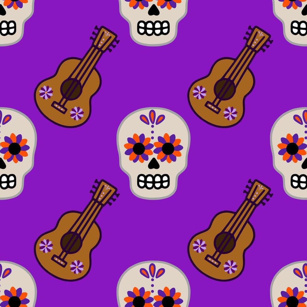 Seamless pattern featuring vibrant Day of the Dead sugar skulls adorned with orange and purple flowers, playfully paired with brown acoustic guitars on a rich purple background, creating a f... vector