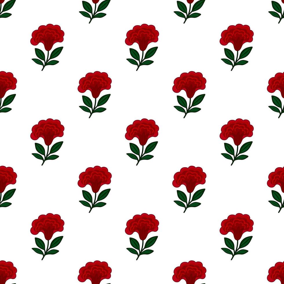 Seamless pattern of stylized crimson celosia flowers with dark green leaves on a white background, ideal for textile prints or wallpapers. vector