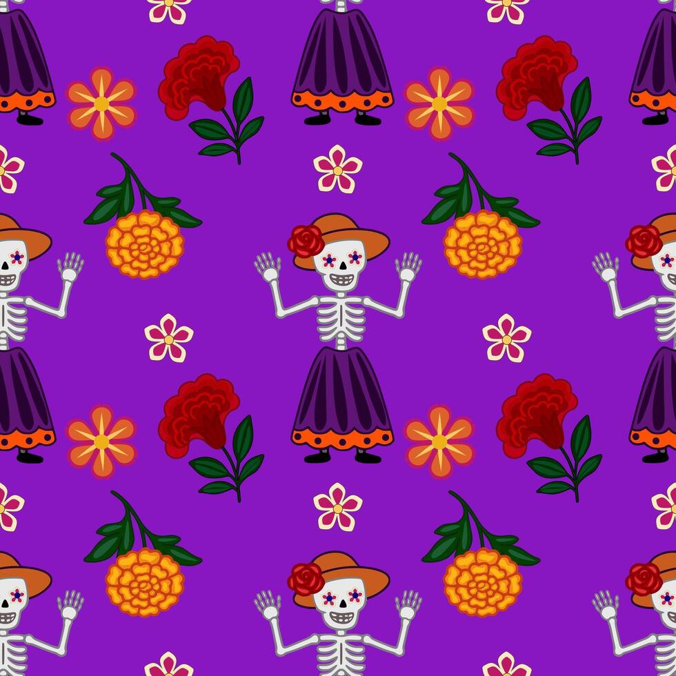 Vibrant seamless pattern featuring Calavera Catrina skeletons in traditional Mexican attire, waving and surrounded by marigolds and other colorful flowers on a rich purple background, perfec... vector