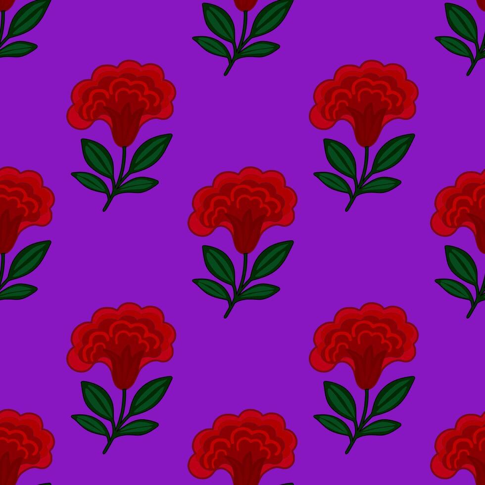 Seamless pattern of stylized red flowers cresta de gallo with dark green leaves on a vibrant purple background, creating a bold and festive design ideal for various applications. vector