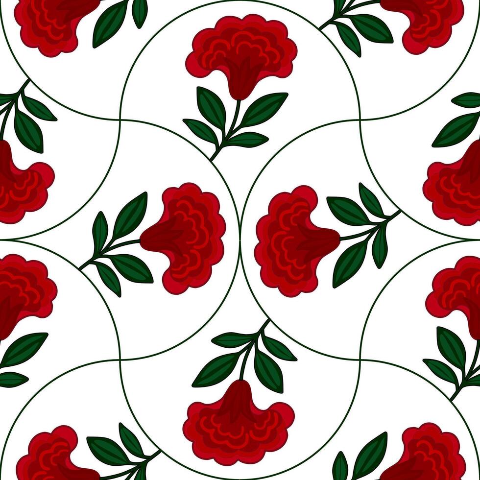 Seamless pattern with stylized cresta de gallo red flowers and green leaves arranged in a curved, repeating design on a white background, creating an elegant and sophisticated floral texture. vector