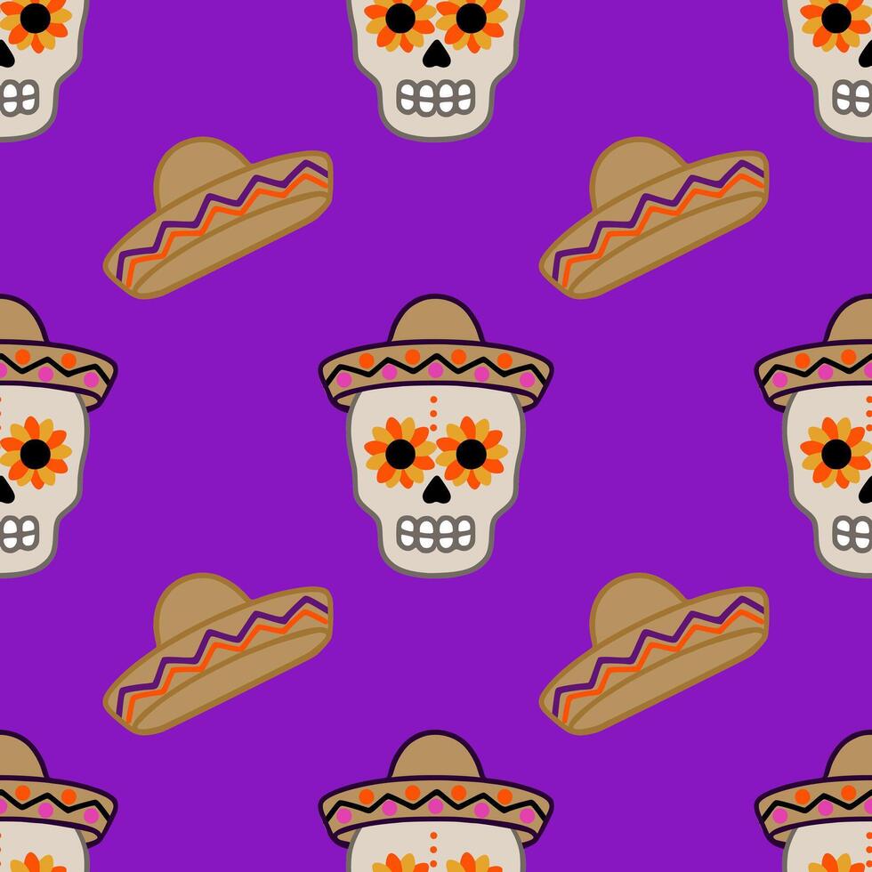 Seamless pattern featuring vibrant Day of the Dead sugar skulls adorned with sunflowers and traditional sombreros on a rich purple background, ideal for festive designs. vector