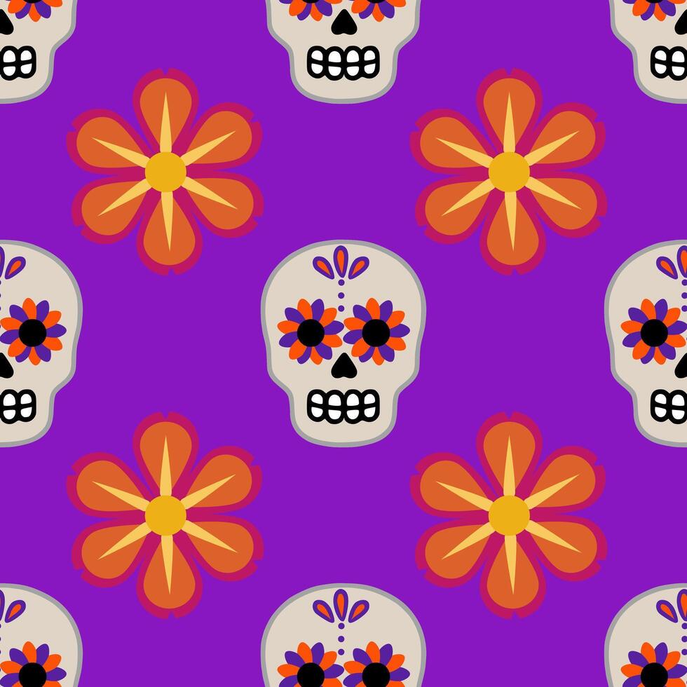 Vibrant seamless pattern featuring stylized sugar skulls adorned with orange and purple flowers on a rich purple background, perfect for Day of the Dead celebrations. vector