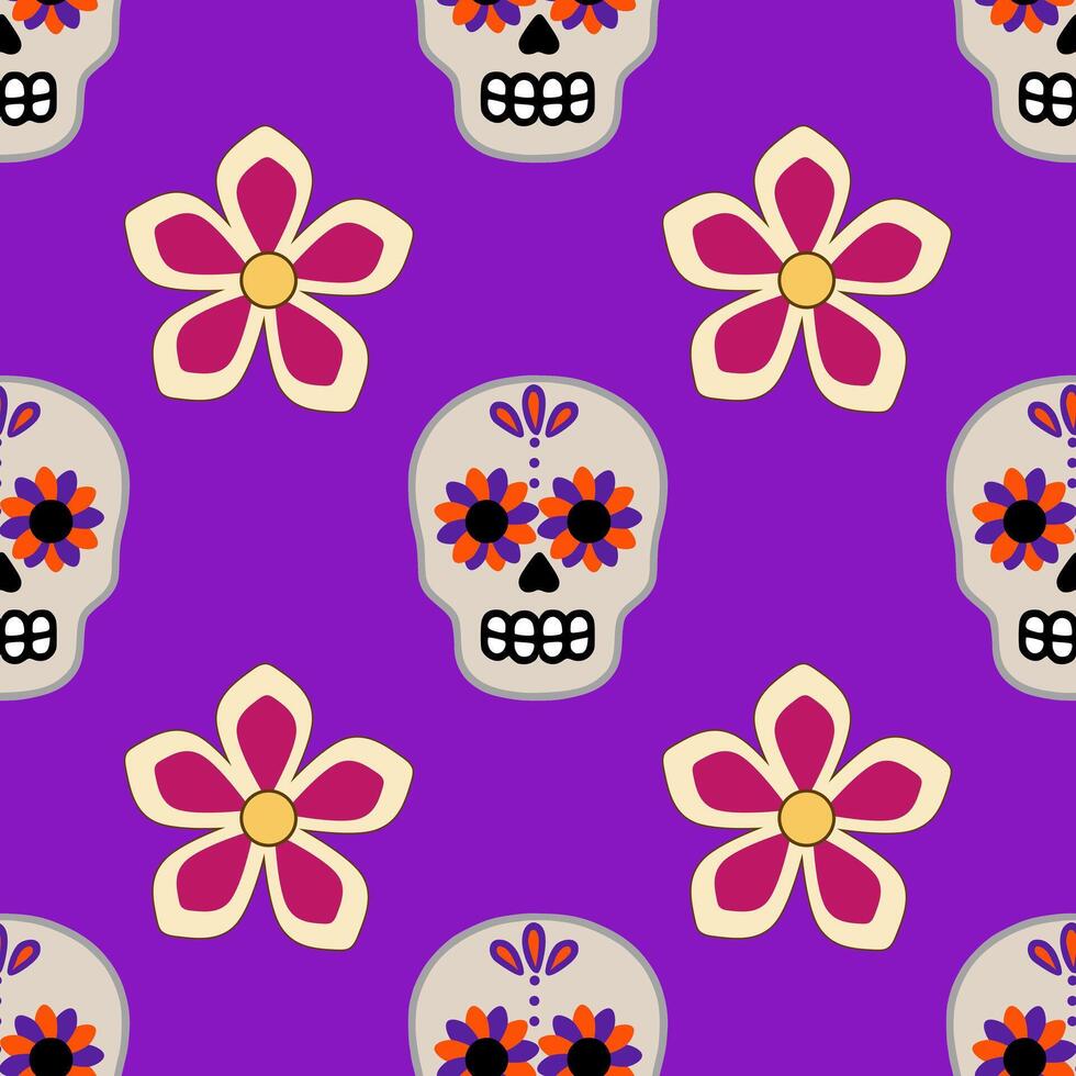 Seamless pattern featuring vibrant sugar skulls and stylized flowers on a rich purple background, ideal for Day of the Dead designs. vector