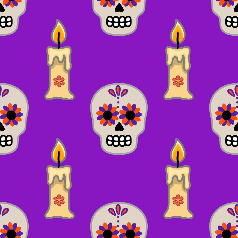 Seamless pattern featuring vibrant Day of the Dead sugar skulls with floral accents and lit candles on a rich purple background, ideal for festive designs. vector